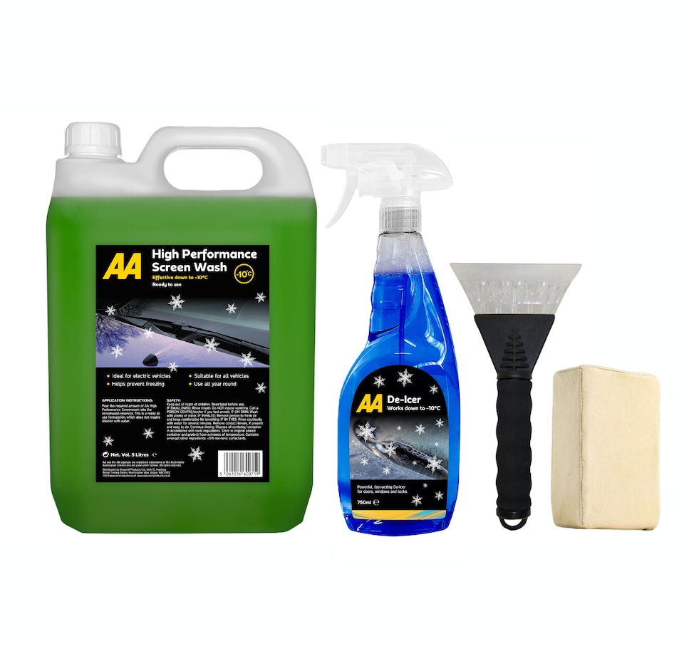 image 1 of AA Winter Car Kit Screenwash 5L, Deicer 750 ml, Ice Scraper x 1, Chamois Demister Pad x 1 (Green)
