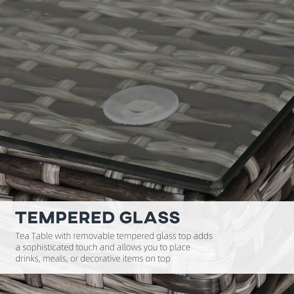 image 1 of Outsunny Patio PE Rattan Side Table, Square Outdoor Coffee Table w Tempered Glass Top, Mixed Grey