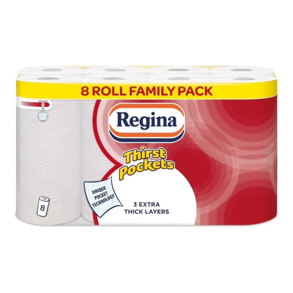 Regina Thirst Pockets Mini 3-Ply Kitchen Rolls | Highly Absorbent 8 Roll Pack for Spill Control | Durable, Textured Paper Towels for Efficient Kitchen Cleaning
