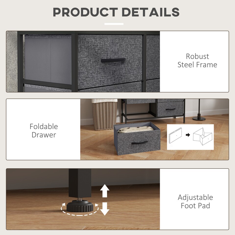 image 1 of HOMCOM Fabric Chest of Drawers, Industrial Bedroom Dresser with 6 Fabric Drawers, Steel Frame and Wooden Top for Nursery, Living Room, Hallway, Black | Black | Black