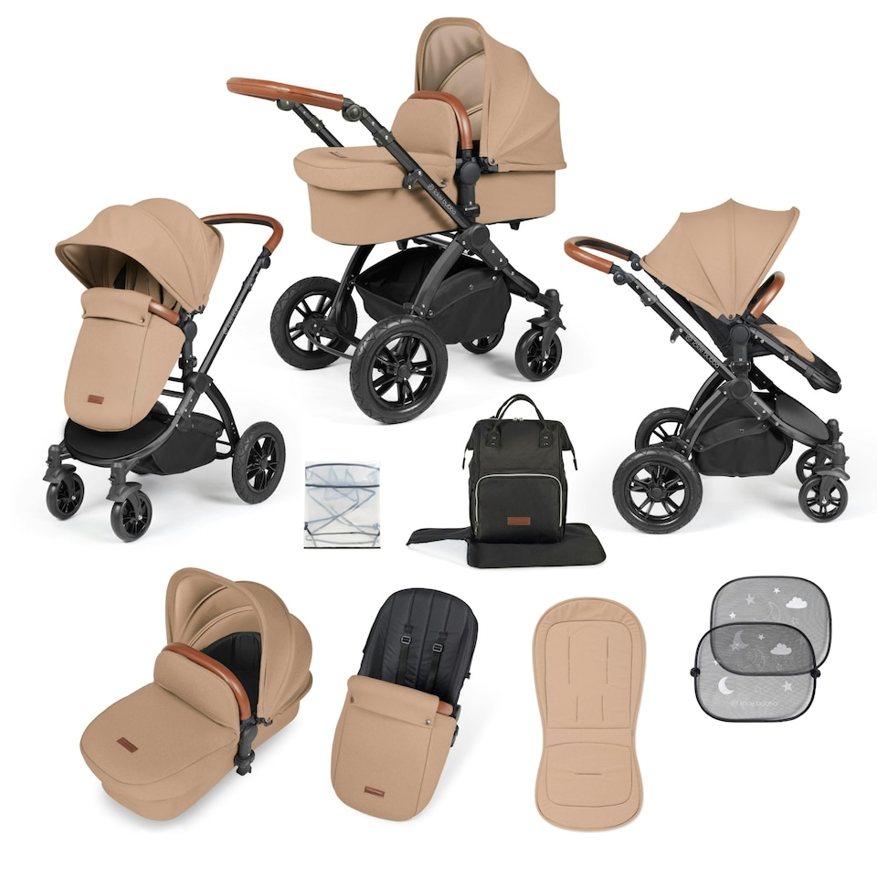 image 1 of Stomp Luxe 2-in-1 Pram – Birth to Approx. 4 Years, Foldable, All-Terrain, Rain Cover, Footmuff, Puncture-Proof Wheels & More (Black/Desert/Tan)