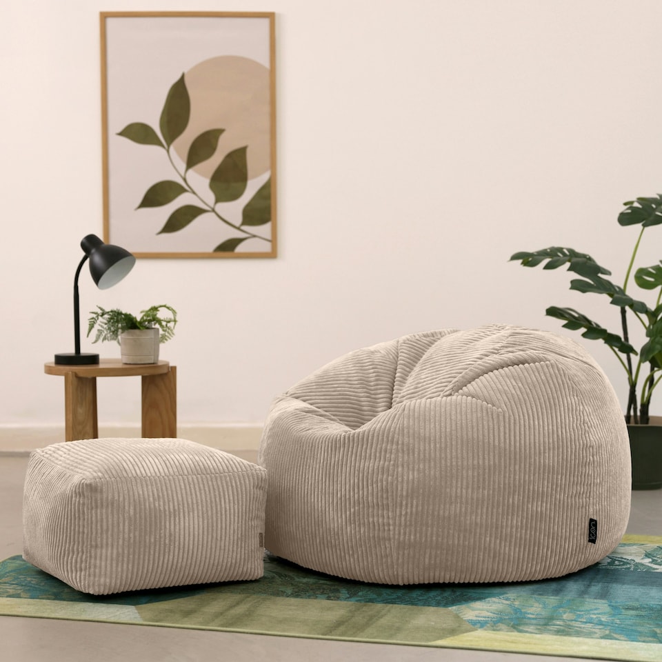 image 1 of icon Kingston Cord Adults Bean Bag Chair and Pouffe, Ready Filled Beanbag and Footstool Stone Beige Cream