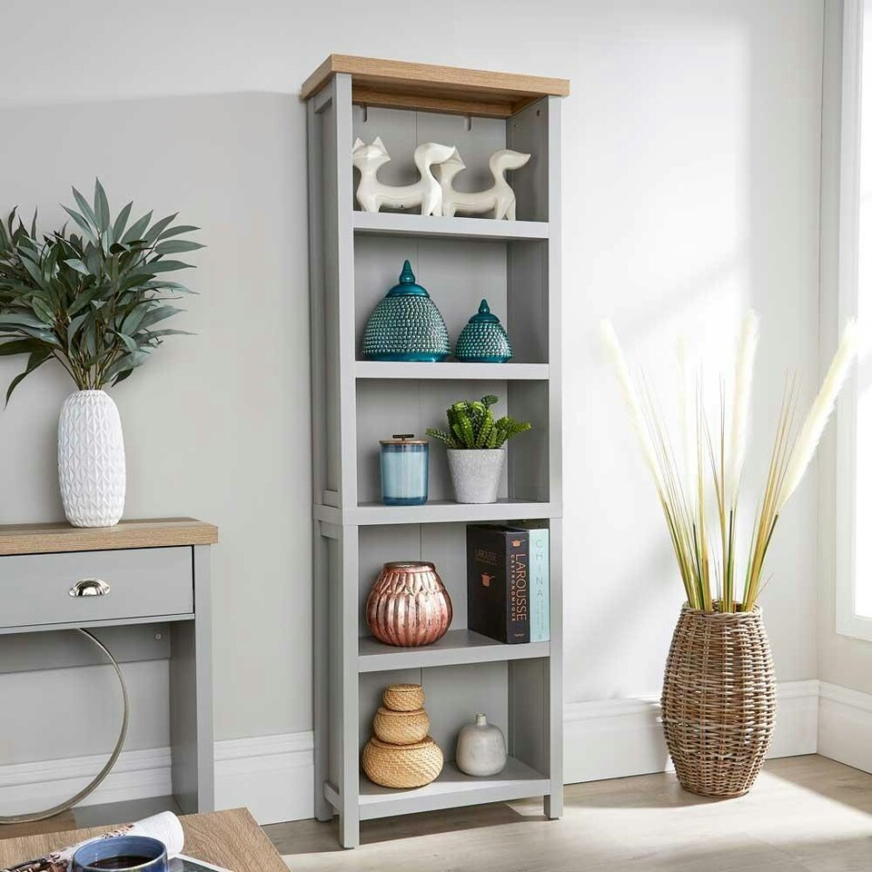 image 1 of Grey Oak Tall Bookcase Display Unit 5 Bookshelves DVD Storage Two Tone Grey