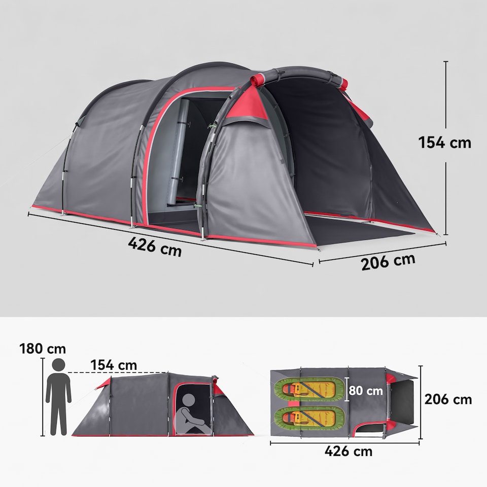 image 1 of Outsunny 2 Man Camping Tent with 2 Rooms Porch Vents Rainfly, Dark Grey