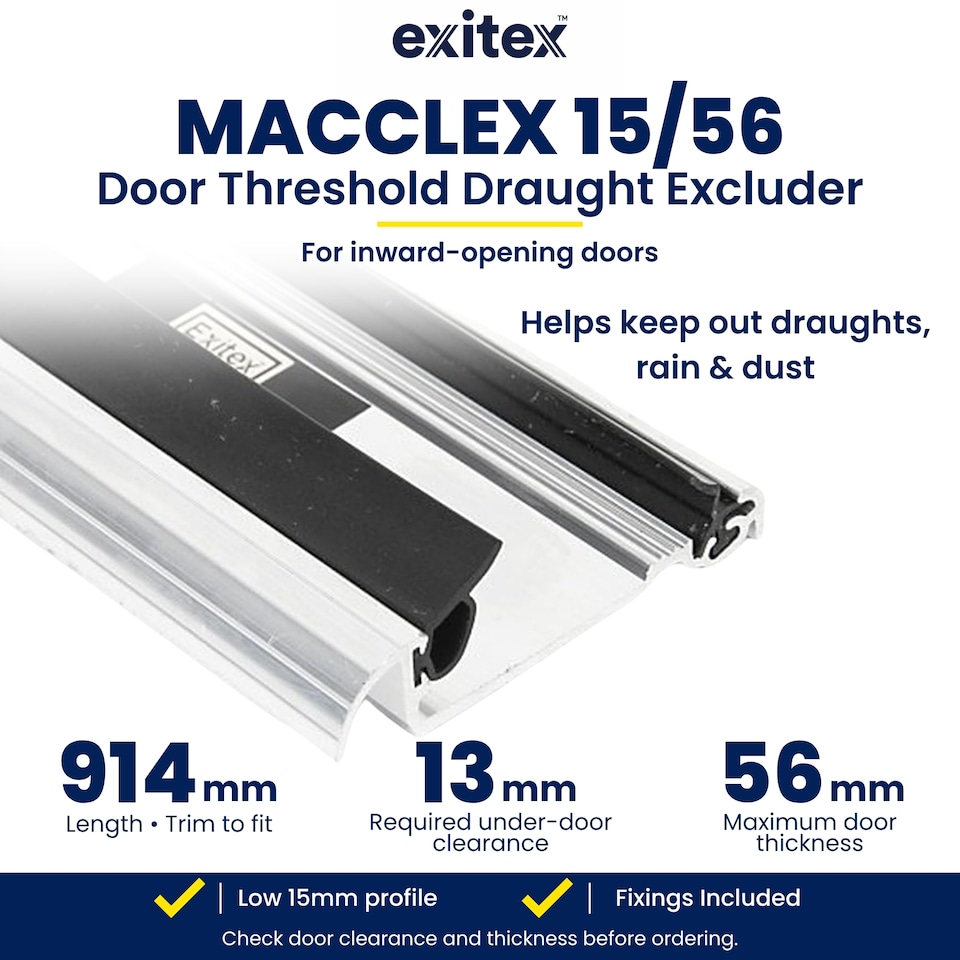 image 1 of Exitex Macclex 15/56 Aluminium Door Threshold Draught Excluder Cill for 56mm Doors, 914mm | Silver