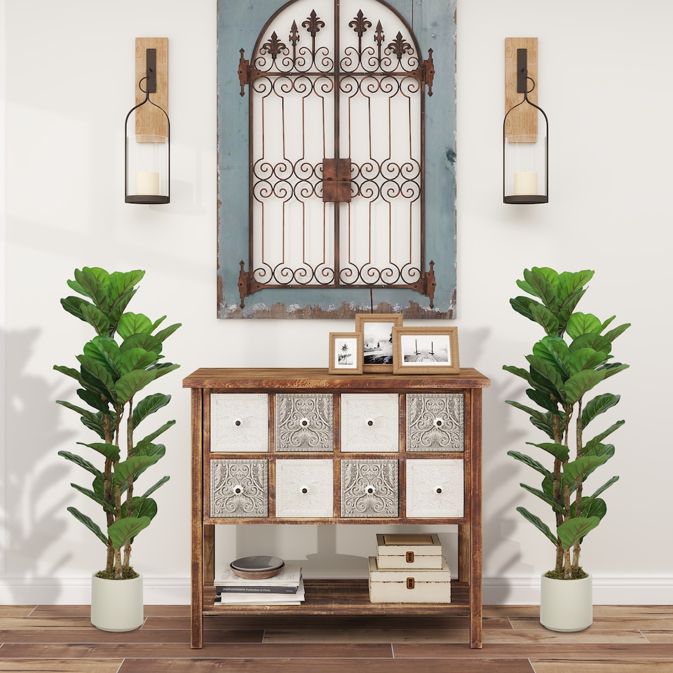 image 1 of HOMCOM 120cm 2 PCs Artificial Fiddle Leaf Fig Trese with Solid Wood Trunks