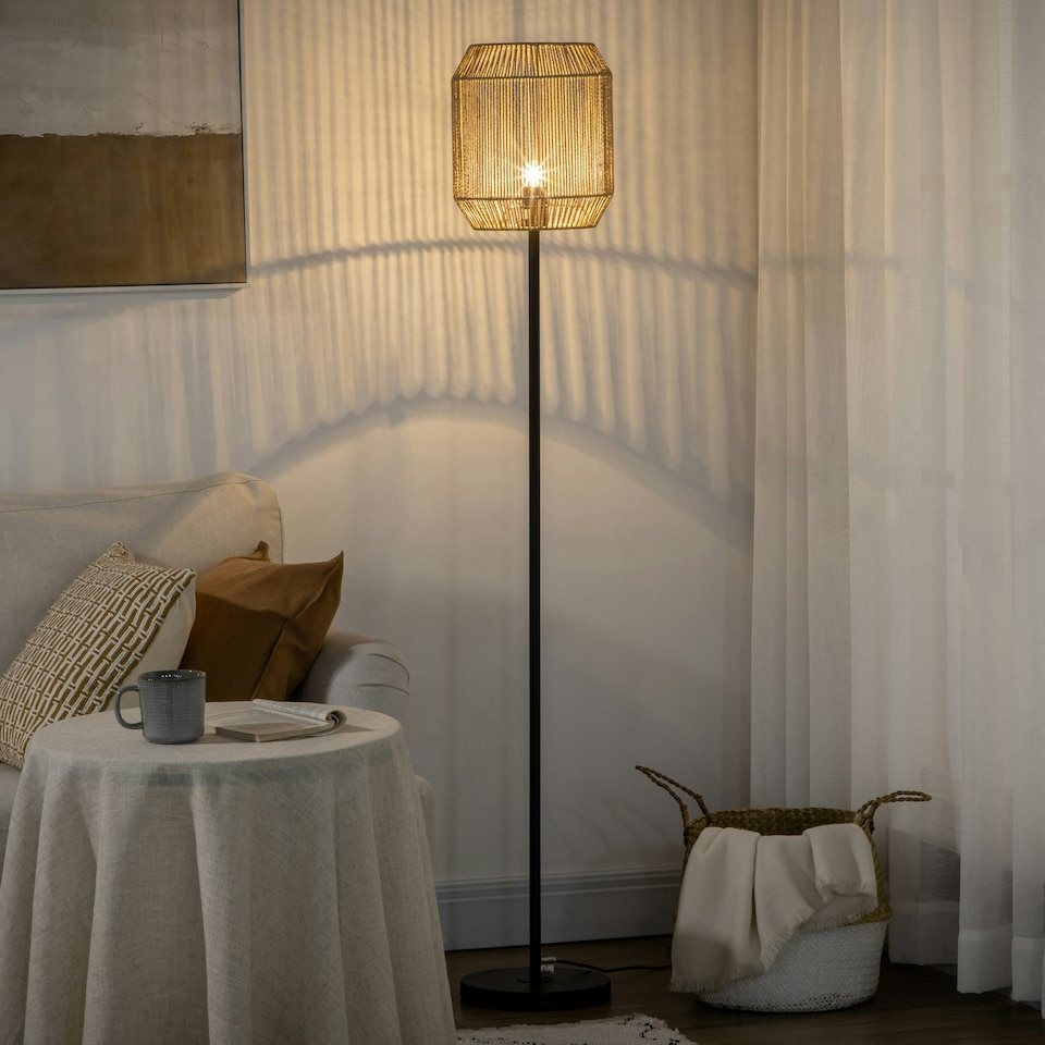 image 1 of HOMCOM Farmhouse Floor Lamp for Living Room Bedroom with Rattan Wicker, Natural