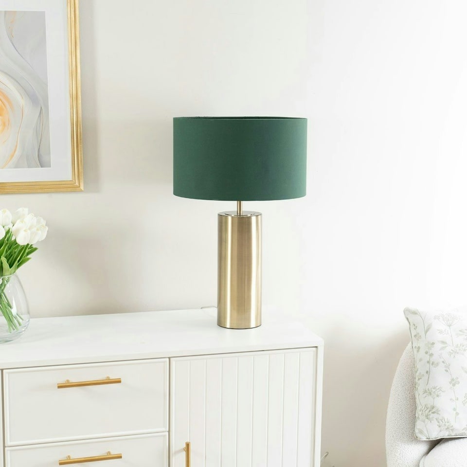 image 1 of ValueLights Lexy Forest Green Fabric Drum Shade with Antique Brass Dimmable Touch Table Lamp & LED Bulb