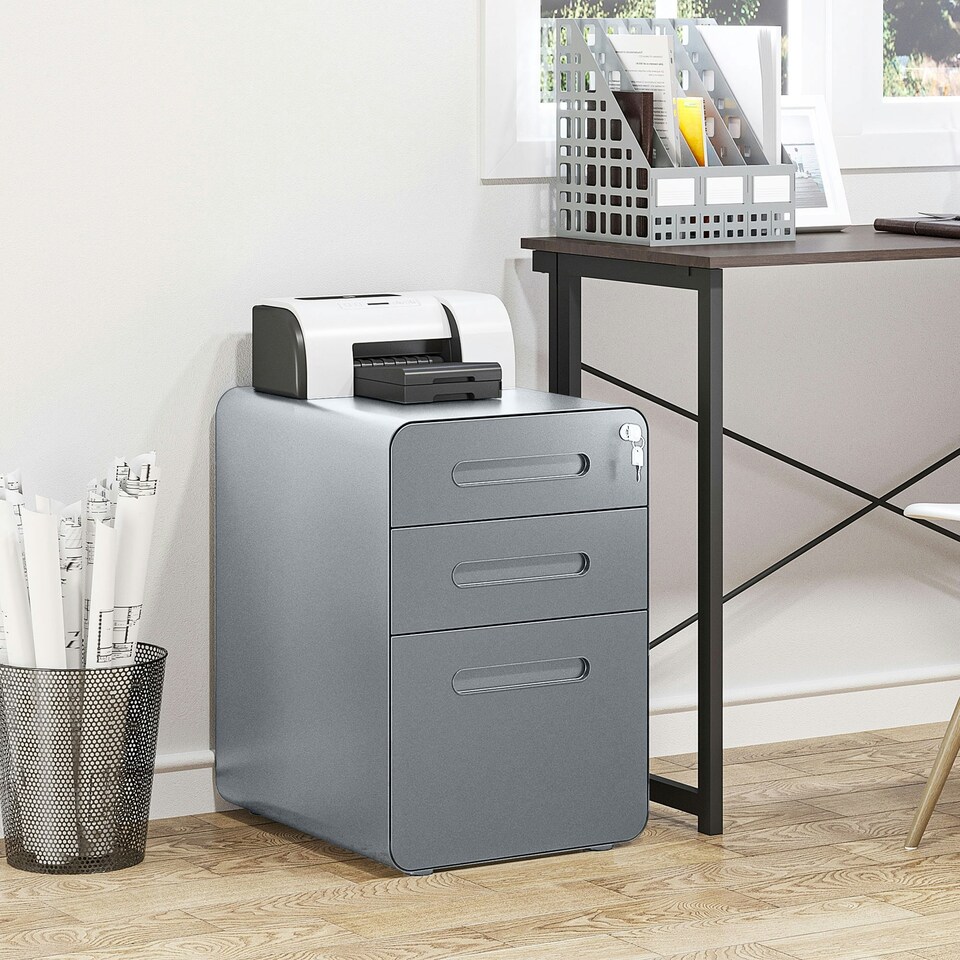 image 1 of Vinsetto Lockable File Cabinet with 3 Drawers, Vertical Office Drawer for A4, Letter, Legal Size, Anti-tilt Design, Pre-Assembled Body, White