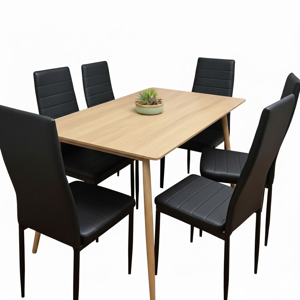 image 1 of Wood Dining Table Set with 6 Black Faux Leather Chairs Dining Kitchen Furniture Set