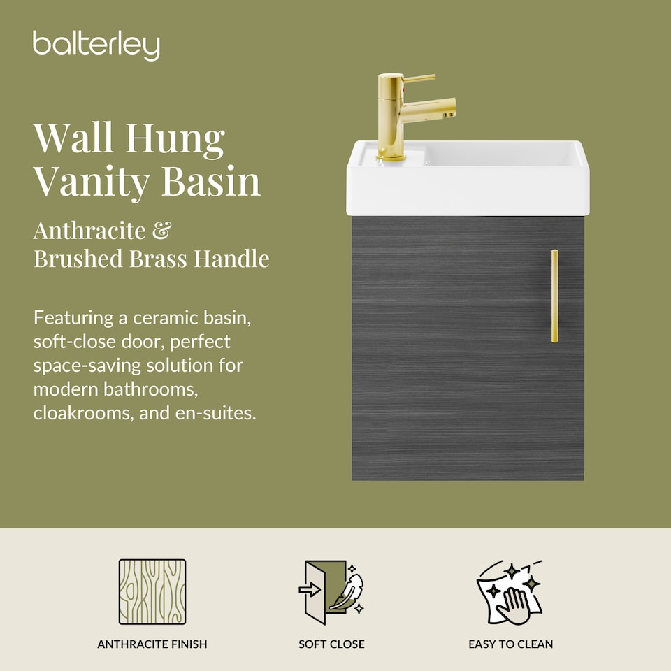 image 1 of Balterley Wall Hung Vanity Basin 400mm Anthracite & Brushed Brass Handle