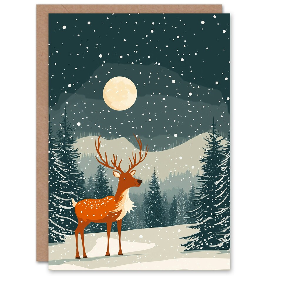 image 1 of Reindeer Moon North Pole Winter Snow Blank For Him Or Her Art Xmas Festive Christmas Card