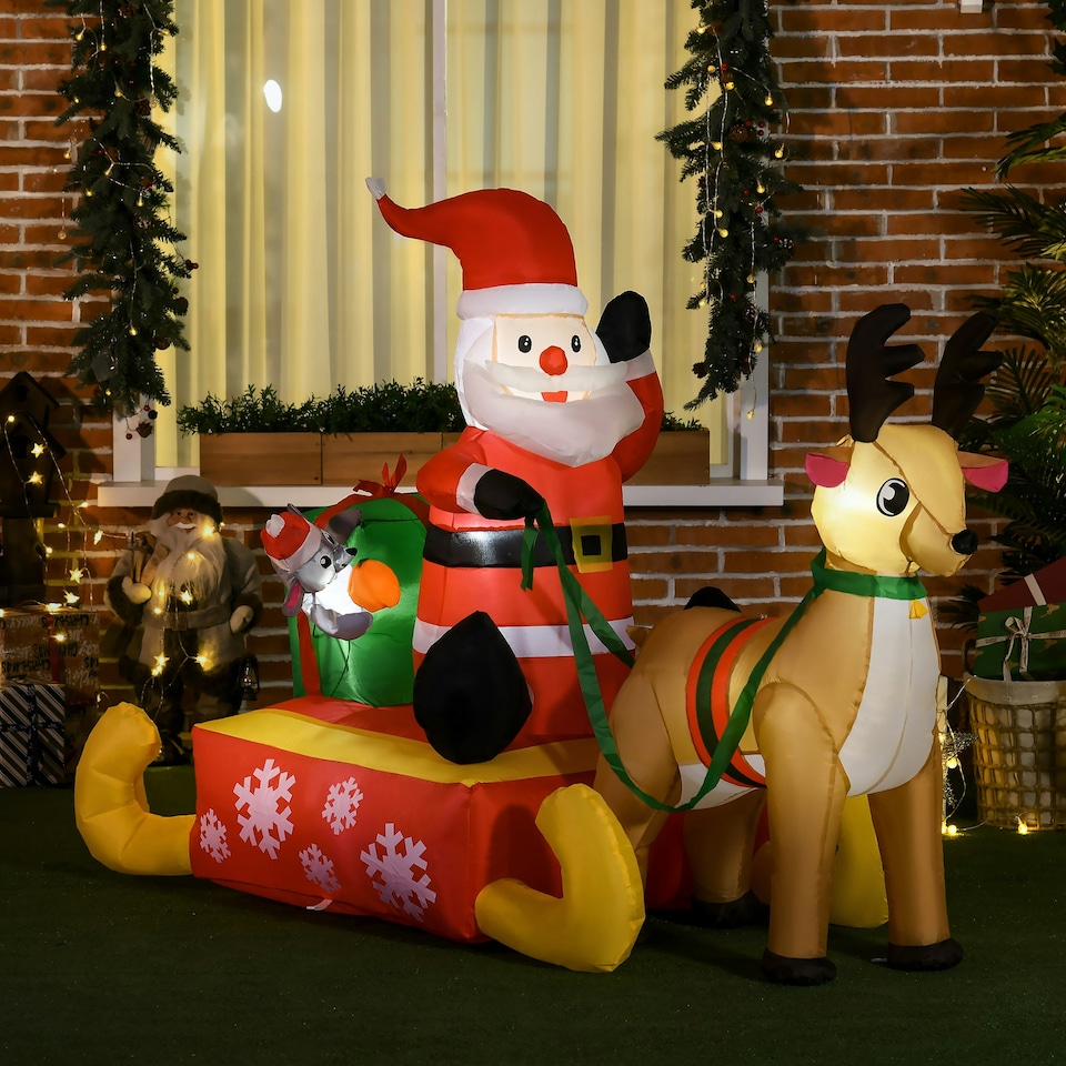 image 1 of HOMCOM Inflatable Santa Claus with Sled and Reindeer Xmas Décor LED Lights