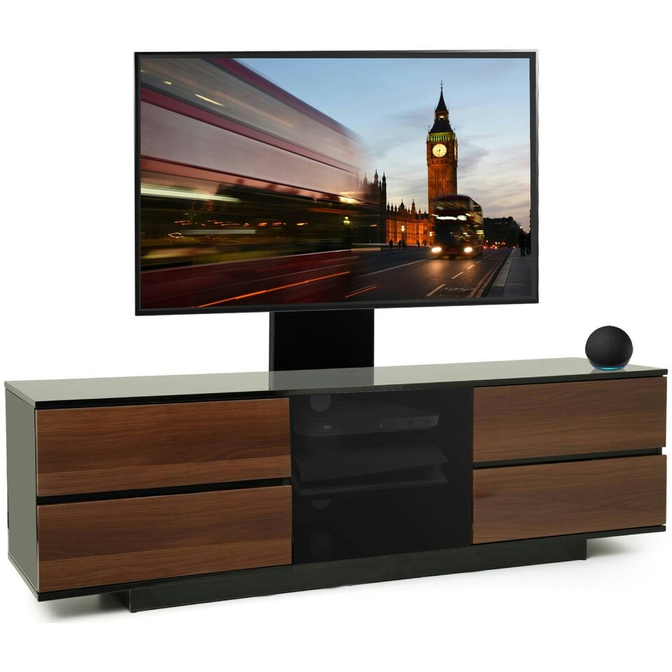 image 1 of Centurion Supports AVITUS ULTRA Gloss Black Remote Friendly BeamThru Door with 4-Walnut Drawers up to 65" Flat Screen TV Cabinet with Mounting Arm Black