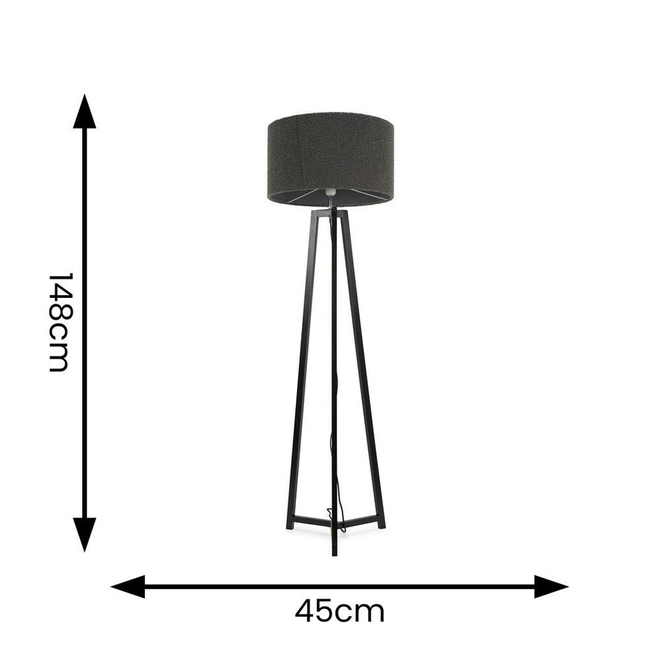 image 1 of ValueLights Lottie Black Wood Tripod Floor Lamp with Charcoal Boucle Drum Shade