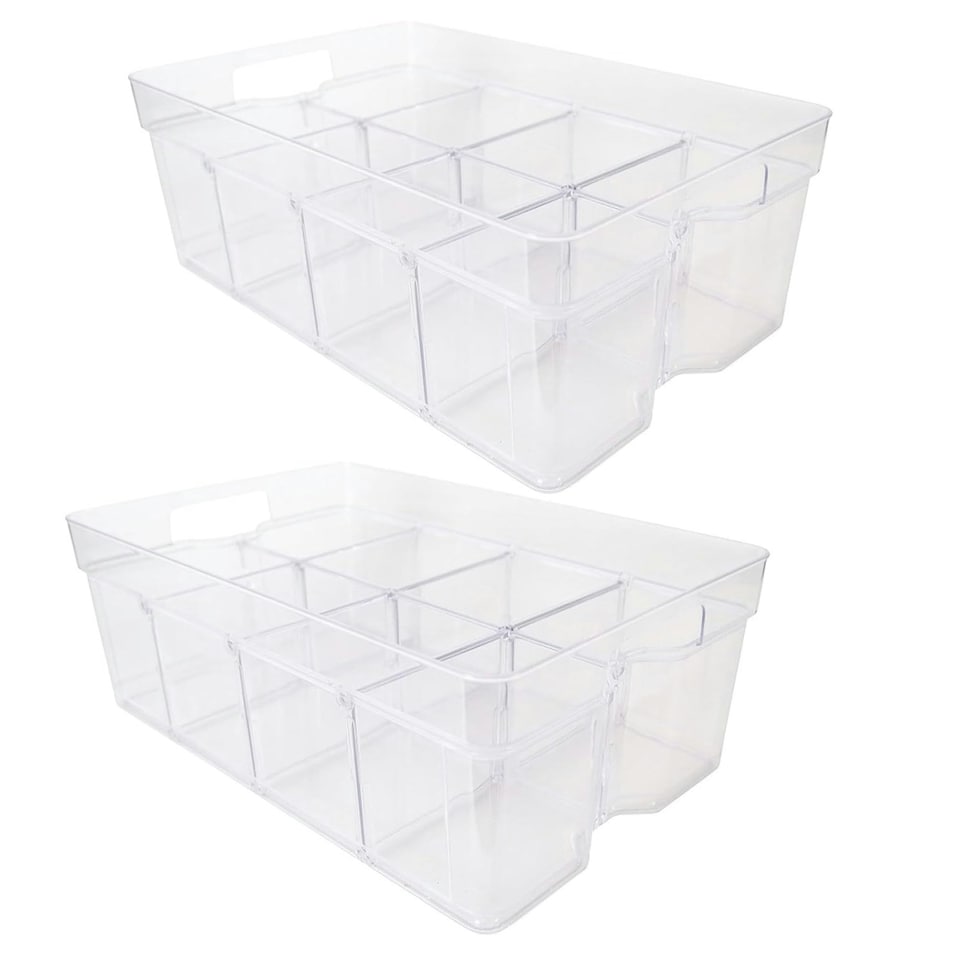 image 1 of 6 x Large (55x35x12.5cm) Stackable Modular Adjustable Plastic Compartment Organisers For Food, Crafts & Makeup | Clear