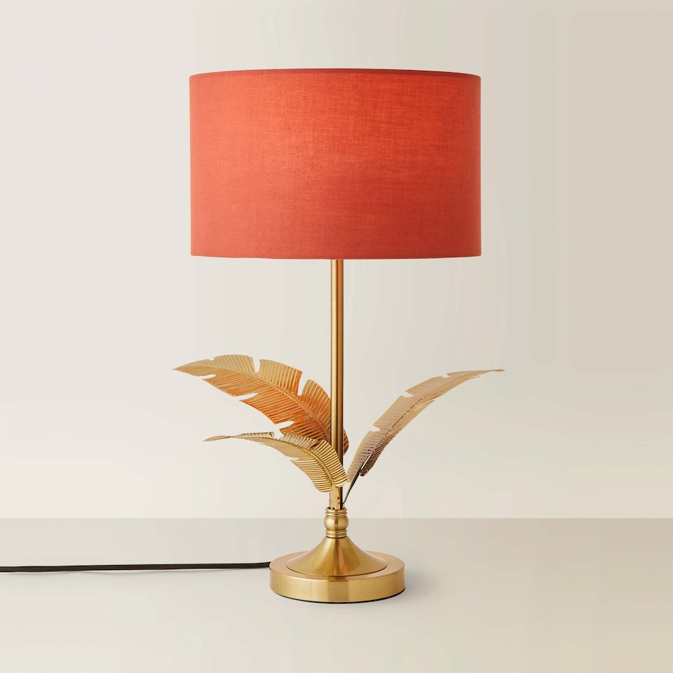 image 1 of ValueLights Christina Rust Red Drum Shade Gold Palm Leaf Detail Single Stem Table Lamp | Gold