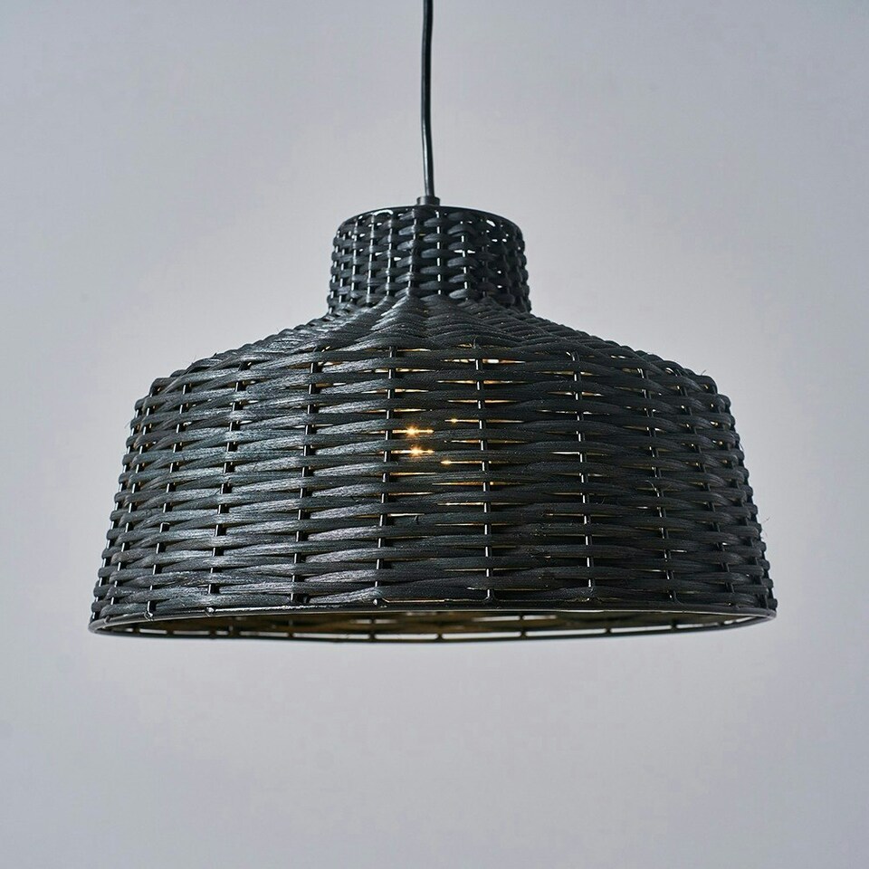 image 1 of ValueLights Boho Style Black Woven Wicker Tapered Ceiling Pendant Light Fitting