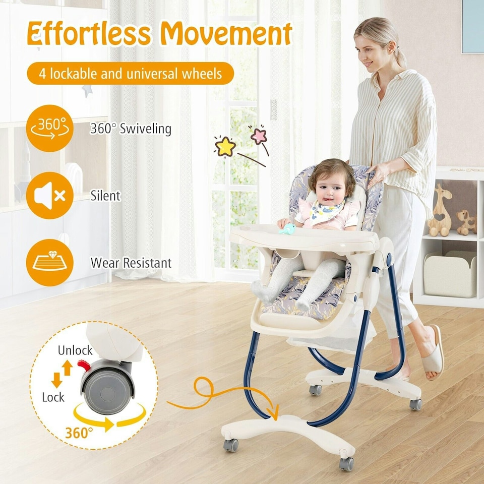image 1 of COSTWAY Folding Baby High Chair Convertible High Chair Navy