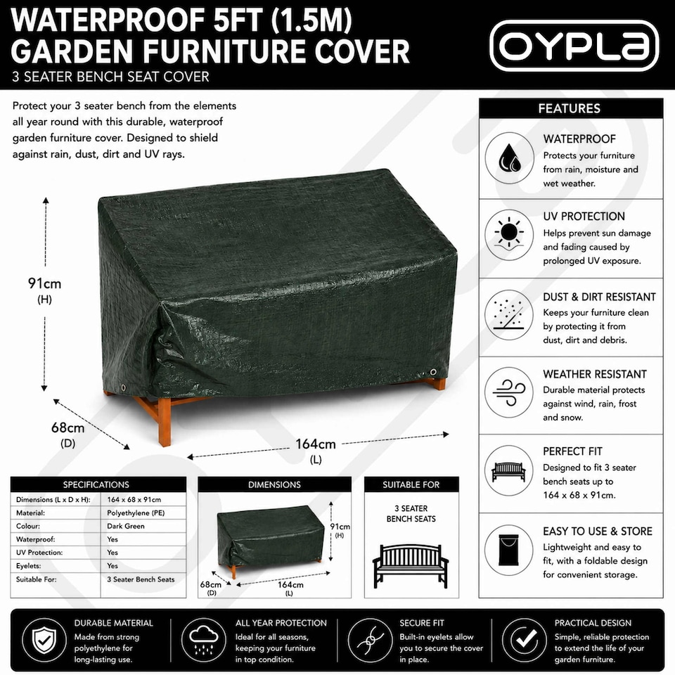 image 1 of Waterproof 5ft 1.5m Garden Furniture 3 Seater Bench Seat Cover | Green