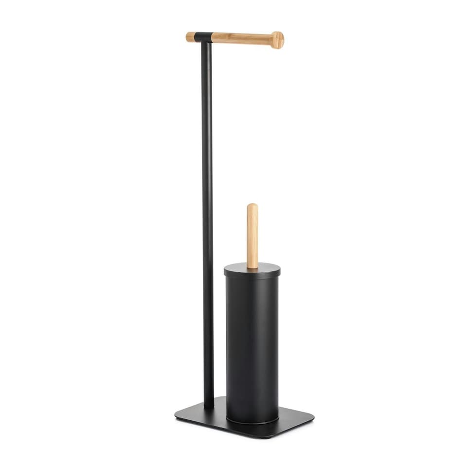 image 1 of Showerdrape Sonata Black & Bamboo Toilet Roll Holder & Toilet Brush Combination