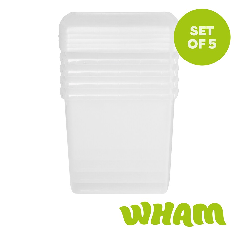 image 1 of Wham Clip 5x 37L Square Plastic Storage Boxes with Clip Lock Lids. Ideal for Home, Office, Toys & More - Clear/Clear | Clear | 5