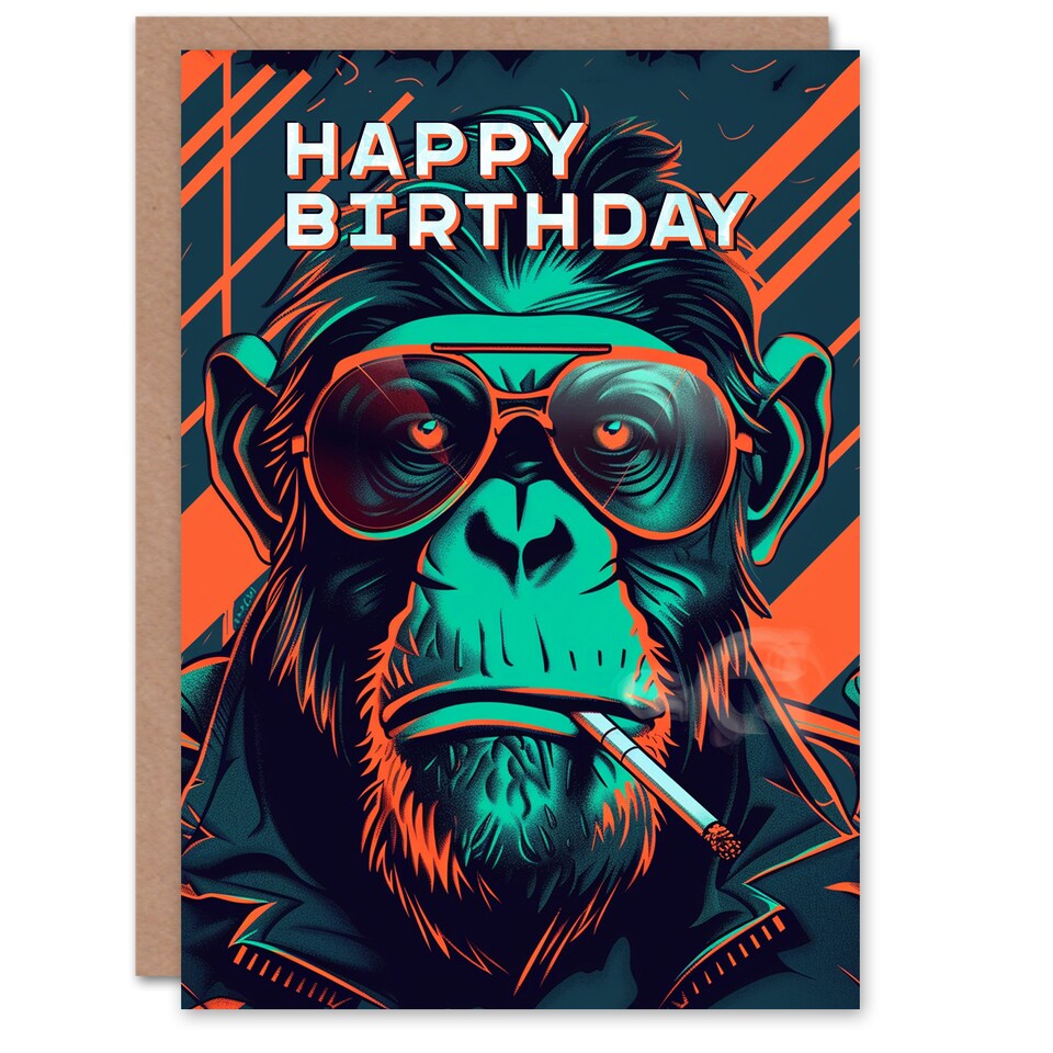 image 1 of Biker Chimp Birthday Card Neon Cyberpunk 1980s Style for Him