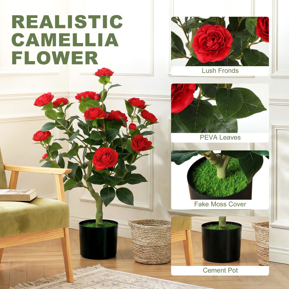 image 1 of HOMCOM 65cm Artificial Camellia Flower Plant with 116 Lush Leaves