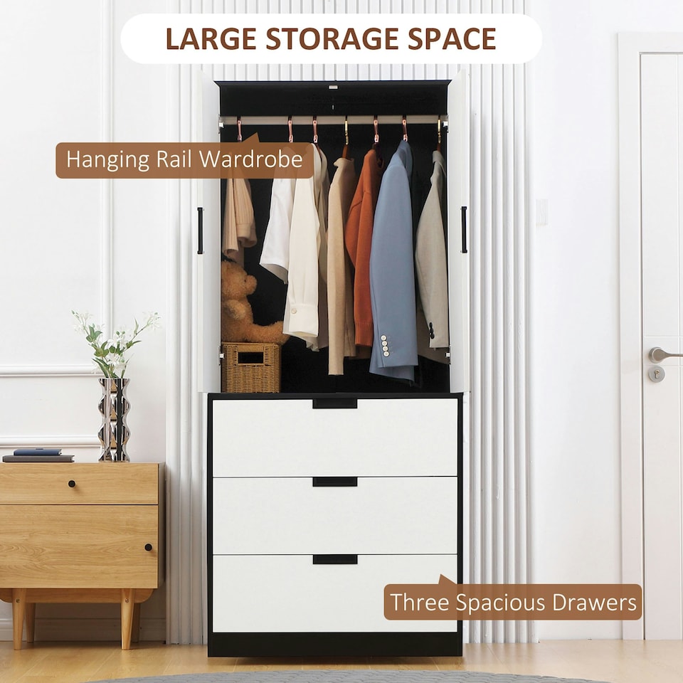 image 1 of HOMCOM 2 Door Wardrobe with 3 Drawer and Soft Closing Hinge for Bedroom