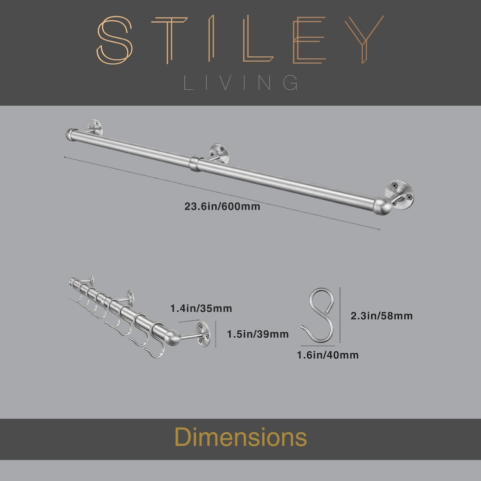 image 1 of Stiley Living Kitchen Utensil Rail, Wall Mounted Storage with S Hooks