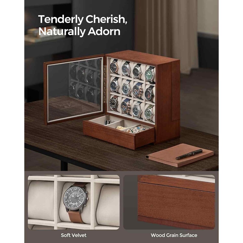 image 1 of Wooden Watch Box with 12 Slots, Glass Display Lid, Vertical Watch Storage Case, Coffee Brown