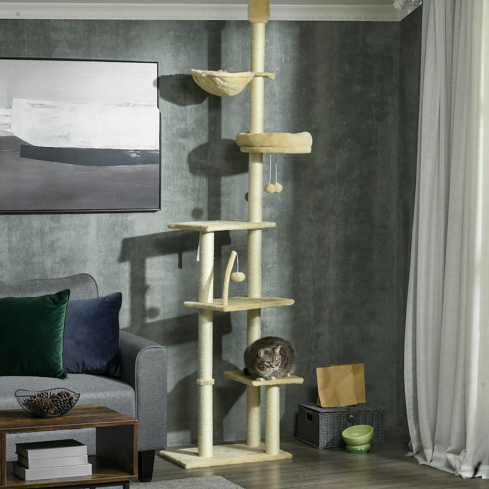 image 1 of PawHut Floor To Ceiling Cat Tree 6-Tier with Scratch Post Bed Hammock Beige