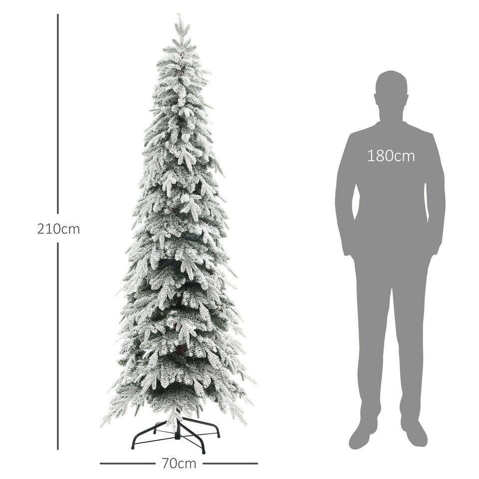 image 1 of HOMCOM 7ft Pencil Artificial Christmas Tree, Snow Flocked mas Tree with Downswept Branches and 800 Tips, Auto Open, Steel Base, Holiday Decoration for Home Office, Green