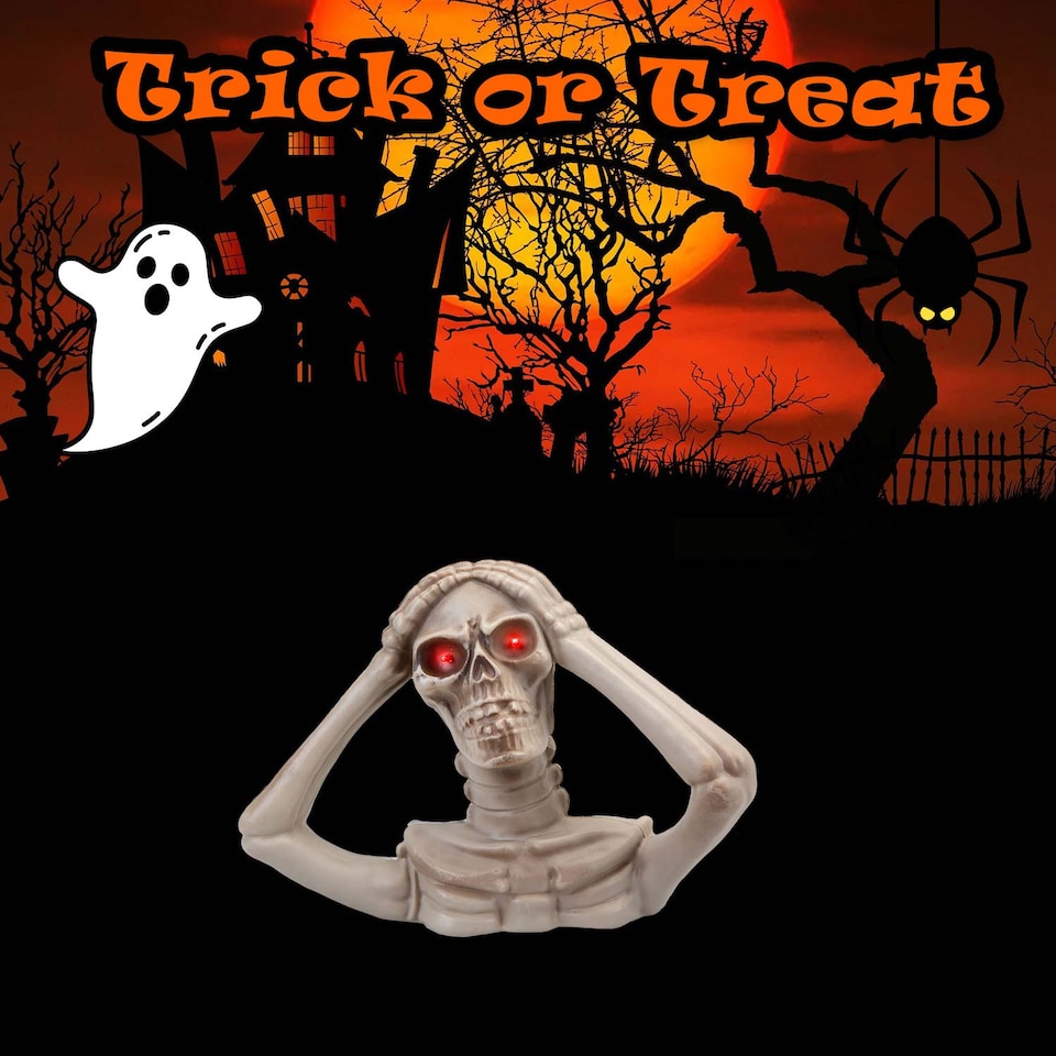 image 1 of PMS Halloween Skeleton Bust with LED Eyes - Hands on Head, 18 x 24 cm