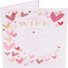 Pink & Gold Hearts Design Wife Anniversary Card