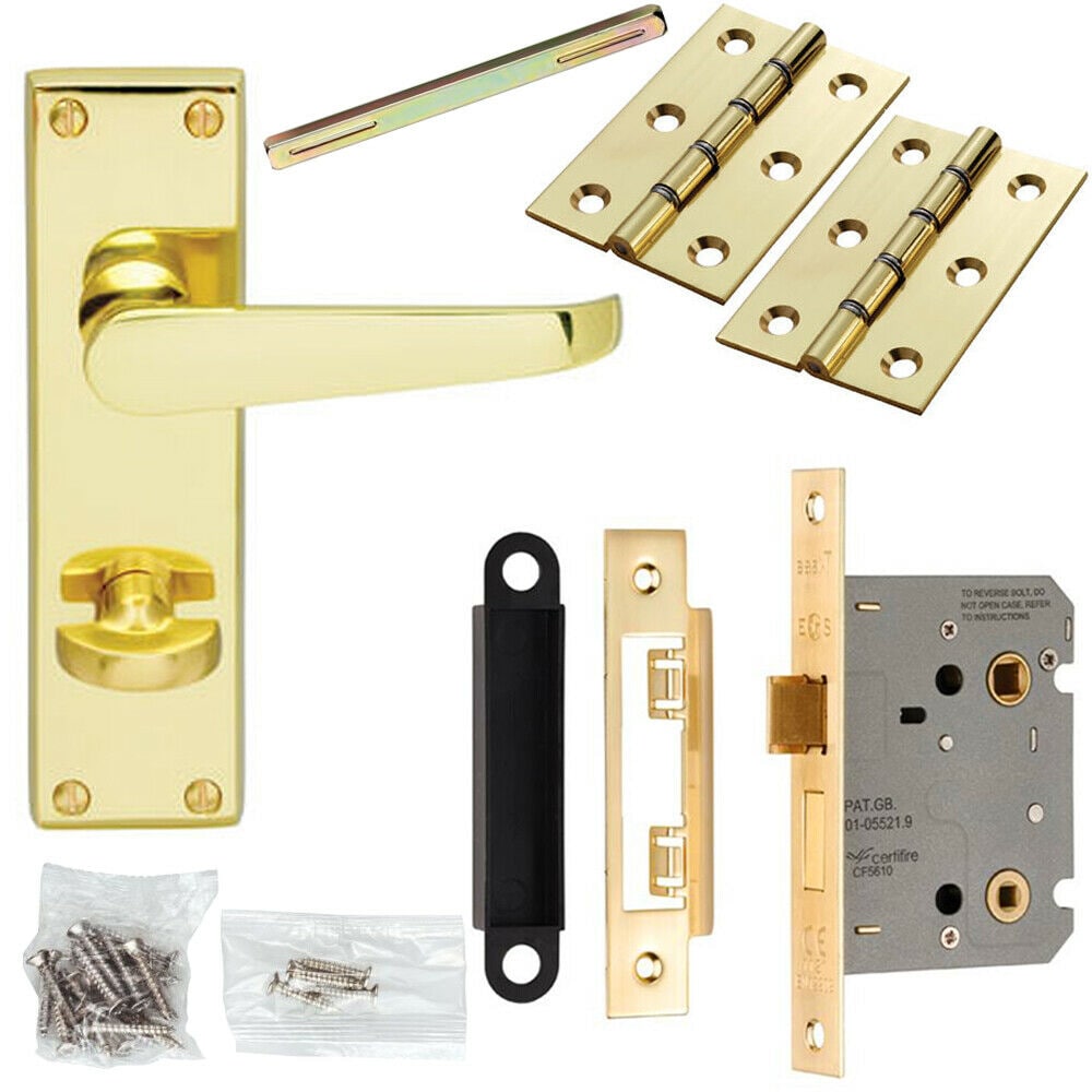 Loops Door Handle & Bathroom Lock Pack Brass Victorian Flat Thumb Turn Backplate in Metallics