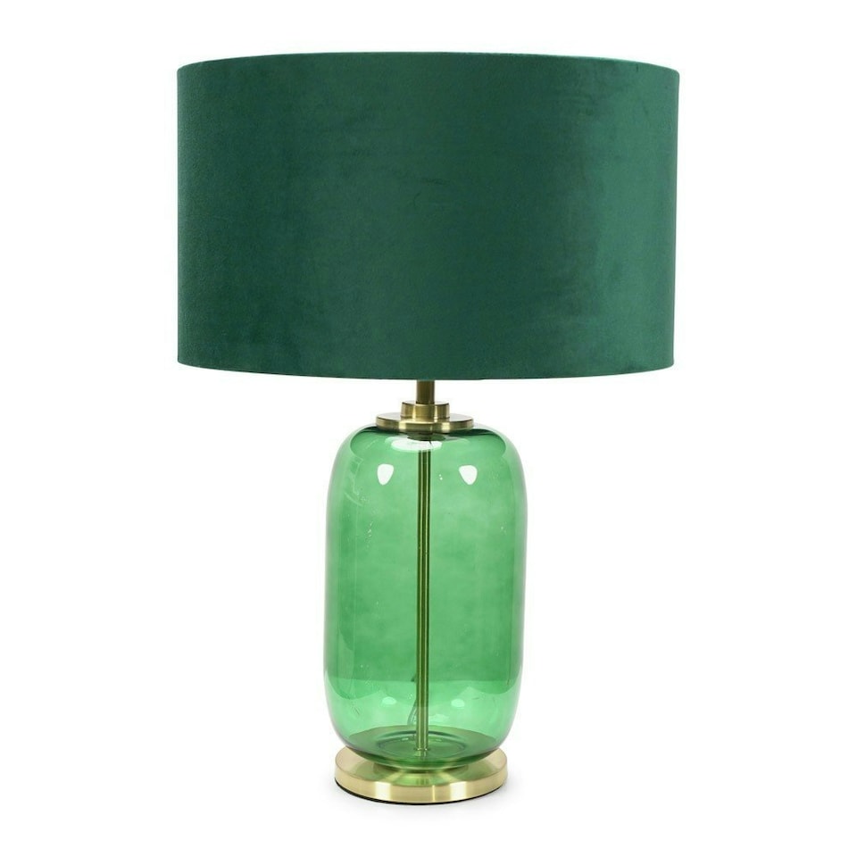image 1 of ValueLights Leigh Forest Green Glass and Gold Detail Table Lamp with Velvet Drum Shade