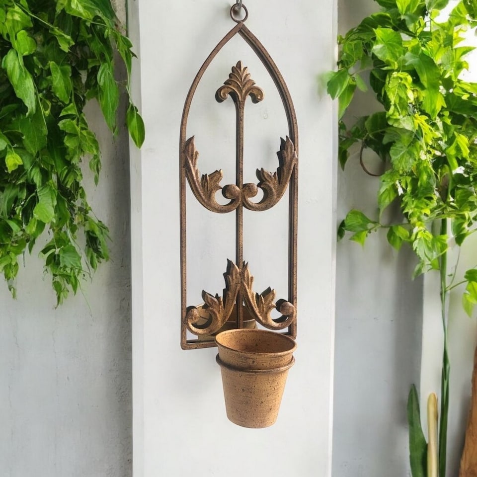 image 1 of Wall Mirror with Single Planter - Metal - L15 x W20 x H60 cm - Rusty