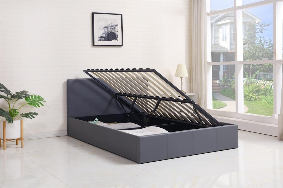 image 1 of Ottoman Bed Gas Lift Storage Leather Grey 4ft Small Double Pine Wood Bedroom