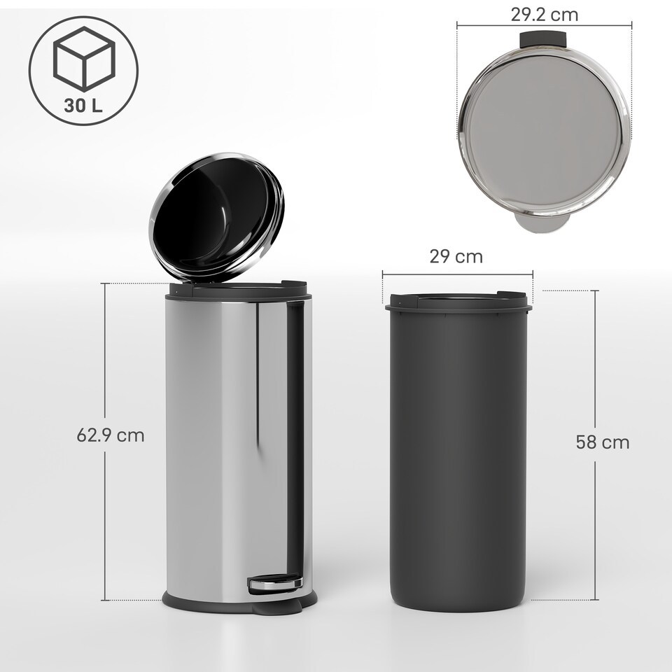 image 1 of HOMCOM Foot Pedal Bin Stainless Steel Metal Waste Rubbish Lid Kitchen Garbage 30L Silver | Multi | 1