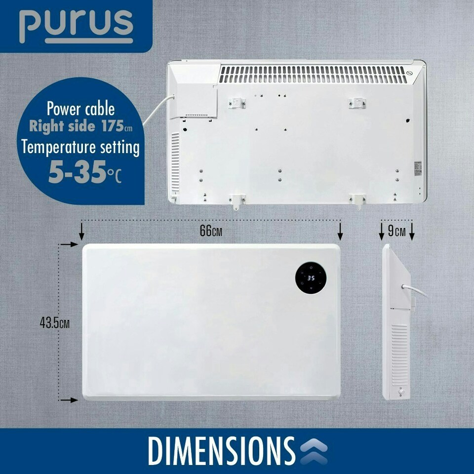 image 1 of Purus 1200W Smart Wifi Eco Heater Electric Panel Radiator Wall Mounted White