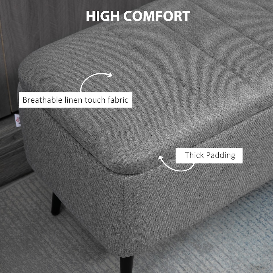 image 1 of HOMCOM Storage Ottoman Bench, Linen Fabric Footstool with Steel Legs Grey