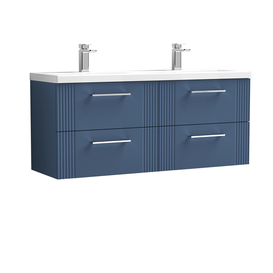 image 1 of Retro 4 Drawer Wall Hung Vanity Unit with Double Ceramic Basin - 1200mm - Satin Blue - Balterley Blue