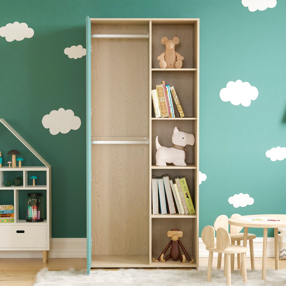 image 1 of Junior Vida Neptune 1 Door Wardrobe 5 Shelves & Clothes Rail, Blue & Oak