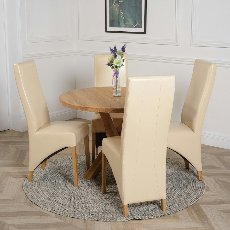 image 1 of Oregon Round Oak Dining Table with Lola Leather Chairs Cream