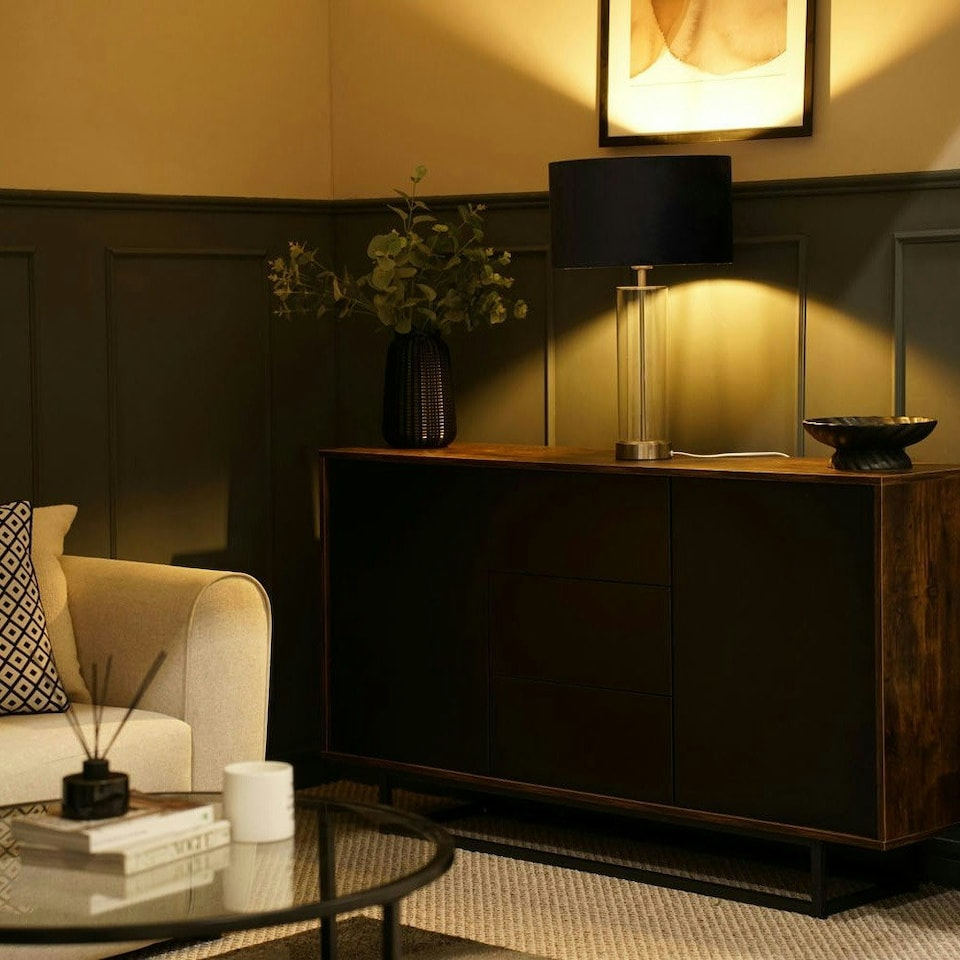 image 1 of ValueLights Clear Tube and Brushed Chrome Metal Bedside Table Lamp with a Black Velvet Shade