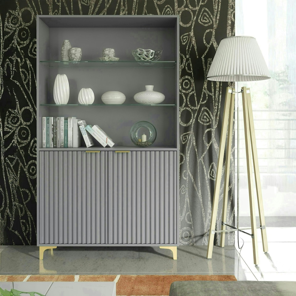 image 1 of Grey Display Cabinet 100cm Ribbed Doors Gold Legs Modern Storage Unit | Grey