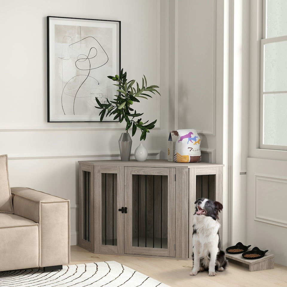 image 1 of PawHut Dog Crate Furniture for Large Dogs w/ Cushion, Door - Walnut Brown