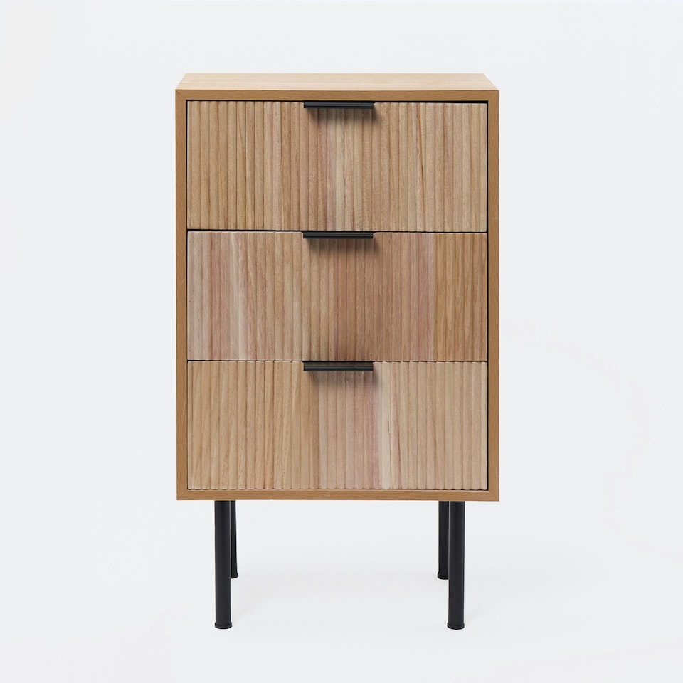 image 1 of OHS 3 Drawer Modern Ribbed Office Side Bedroom Nightstand Bedside Table Brown | Natural Wood