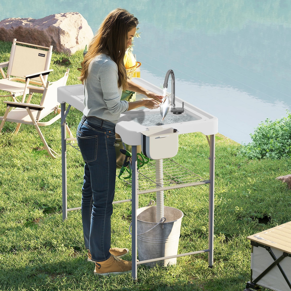 image 1 of Outsunny Folding Fish Cleaning Table Camping Sink Table with Faucet, White | White | White | 108L x 58W x 92H cm